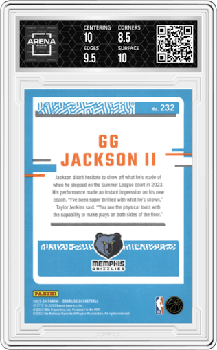 GG Jackson II from the 2023-24 Panini Donruss set featuring a Fireworks Red parallel graded by Arena Club and given an overall grade of 9.