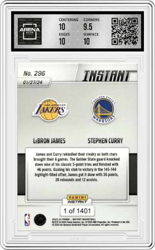 LeBron James/Stephen Curry from the 2023-24 Panini Instant NBA set graded by Arena Club and given an overall grade of 10.