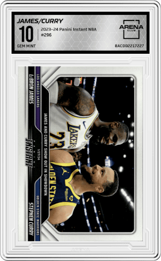 LeBron James/Stephen Curry from the 2023-24 Panini Instant NBA set graded by Arena Club and given an overall grade of 10.