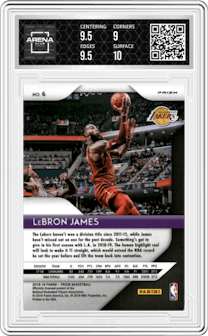 LeBron James from the 2018-19 Panini Prizm set featuring a Red White Blue Prizm parallel graded by Arena Club and given an overall grade of 9.5.