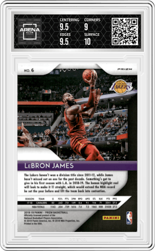 LeBron James from the 2018-19 Panini Prizm set featuring a Red White Blue Prizm parallel graded by Arena Club and given an overall grade of 9.5.