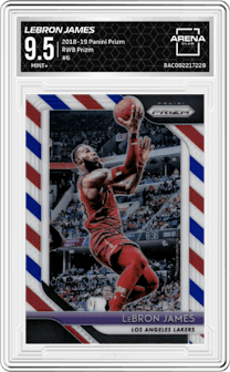 LeBron James from the 2018-19 Panini Prizm set featuring a Red White Blue Prizm parallel graded by Arena Club and given an overall grade of 9.5.