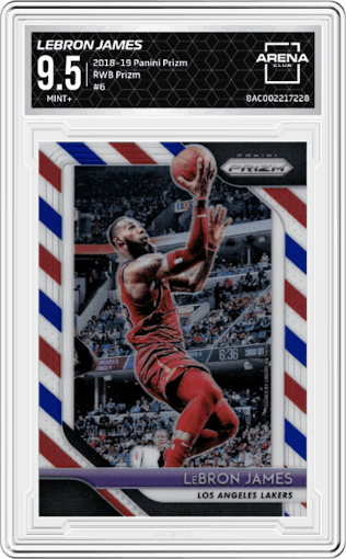 LeBron James from the 2018-19 Panini Prizm set featuring a Red White Blue Prizm parallel graded by Arena Club and given an overall grade of 9.5.