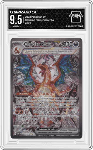 Charizard ex from the 2023 Pokemon SV set graded by Arena Club and given an overall grade of 9.5.