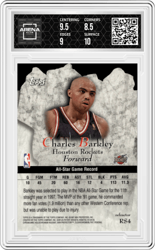 Charles Barkley from the 1997-98 Topps  set featuring a Refractor parallel graded by Arena Club and given an overall grade of 9.