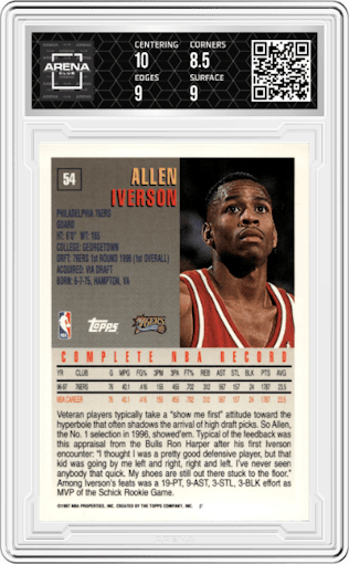 Allen Iverson from the 1997-98 Topps  set graded by Arena Club and given an overall grade of 9.