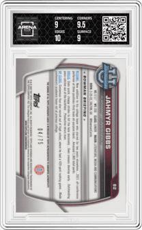 Jahmyr Gibbs from the 2022 Bowman University Chrome set featuring a Yellow Refractor parallel graded by Arena Club and given an overall grade of 9.5.