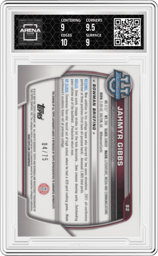 Jahmyr Gibbs from the 2022 Bowman University Chrome set featuring a Yellow Refractor parallel graded by Arena Club and given an overall grade of 9.5.