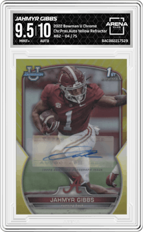 Jahmyr Gibbs from the 2022 Bowman University Chrome set featuring a Yellow Refractor parallel graded by Arena Club and given an overall grade of 9.5.
