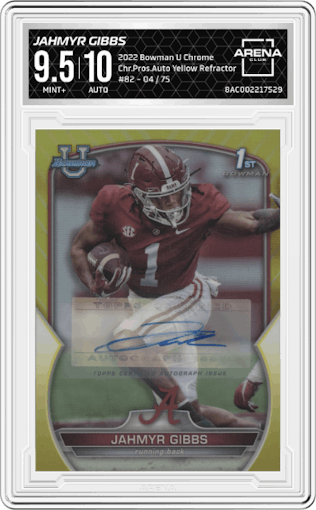 Jahmyr Gibbs from the 2022 Bowman University Chrome set featuring a Yellow Refractor parallel graded by Arena Club and given an overall grade of 9.5.