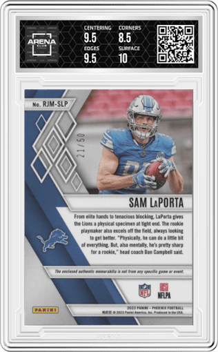 Sam LaPorta from the 2023 Panini Phoenix set featuring a Yellow Prime parallel graded by Arena Club and given an overall grade of 9.
