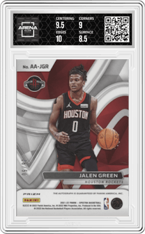 Jalen Green from the 2021-22 Panini Spectra set featuring a Green parallel graded by Arena Club and given an overall grade of 9.