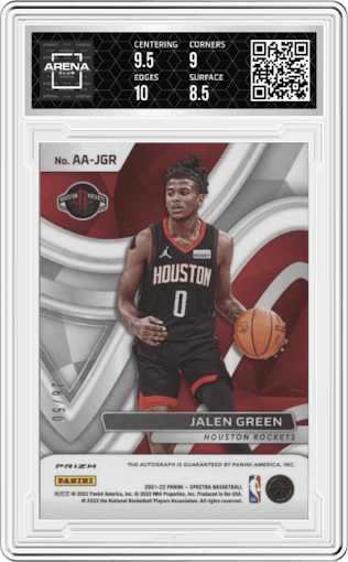 Jalen Green from the 2021-22 Panini Spectra set featuring a Green parallel graded by Arena Club and given an overall grade of 9.