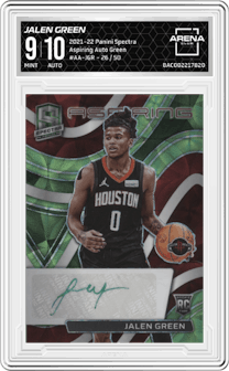 Jalen Green from the 2021-22 Panini Spectra set featuring a Green parallel graded by Arena Club and given an overall grade of 9.
