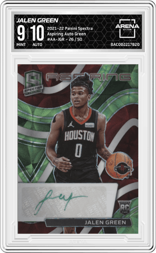 Jalen Green from the 2021-22 Panini Spectra set featuring a Green parallel graded by Arena Club and given an overall grade of 9.