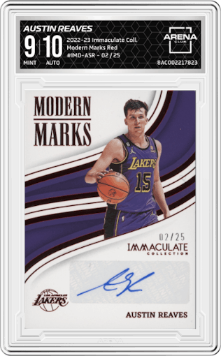 Austin Reaves from the 2022-23 Panini Immaculate Collection set featuring a Red parallel graded by Arena Club and given an overall grade of 9.