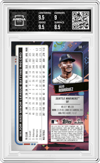 Julio Rodriguez from the 2024 Topps Cosmic Chrome set featuring a Gold Interstellar Refractors parallel graded by Arena Club and given an overall grade of 9.