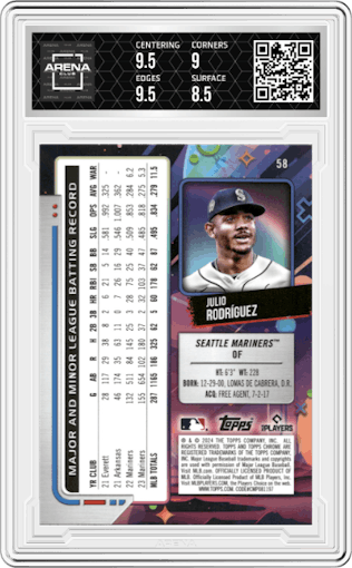 Julio Rodriguez from the 2024 Topps Cosmic Chrome set featuring a Gold Interstellar Refractors parallel graded by Arena Club and given an overall grade of 9.
