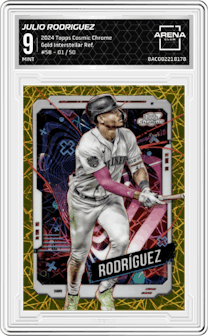 Julio Rodriguez from the 2024 Topps Cosmic Chrome set featuring a Gold Interstellar Refractors parallel graded by Arena Club and given an overall grade of 9.