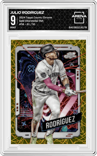 Julio Rodriguez from the 2024 Topps Cosmic Chrome set featuring a Gold Interstellar Refractors parallel graded by Arena Club and given an overall grade of 9.