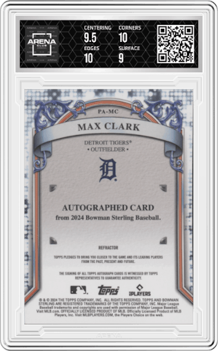 Max Clark from the 2024 Bowman Sterling set featuring a Refractor parallel graded by Arena Club and given an overall grade of 9.5.