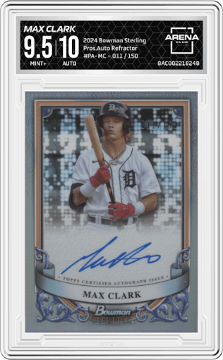 Max Clark from the 2024 Bowman Sterling set featuring a Refractor parallel graded by Arena Club and given an overall grade of 9.5.