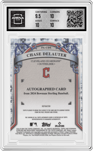 Chase DeLauter from the 2024 Bowman Sterling set featuring a Refractor parallel graded by Arena Club and given an overall grade of 10.