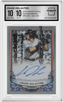 Chase DeLauter from the 2024 Bowman Sterling set featuring a Refractor parallel graded by Arena Club and given an overall grade of 10.