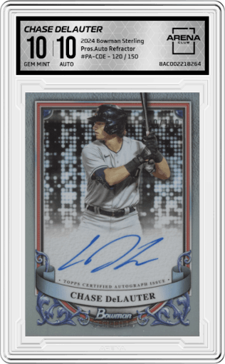 Chase DeLauter from the 2024 Bowman Sterling set featuring a Refractor parallel graded by Arena Club and given an overall grade of 10.