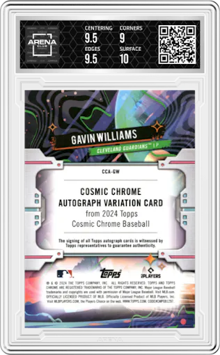 Gavin Williams from the 2024 Topps Cosmic Chrome set featuring a Green Space Dust Refractor parallel graded by Arena Club and given an overall grade of 9.5.