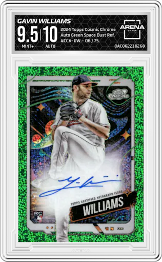 Gavin Williams from the 2024 Topps Cosmic Chrome set featuring a Green Space Dust Refractor parallel graded by Arena Club and given an overall grade of 9.5.