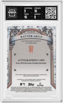 Rayner Arias from the 2024 Bowman Sterling set graded by Arena Club and given an overall grade of 9.5.