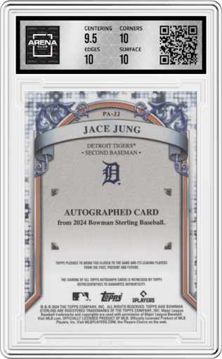 Jace Jung from the 2024 Bowman Sterling set featuring a Orange Refractor  parallel graded by Arena Club and given an overall grade of 10.