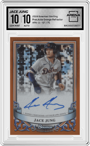 Jace Jung from the 2024 Bowman Sterling set featuring a Orange Refractor  parallel graded by Arena Club and given an overall grade of 10.