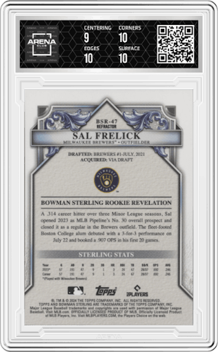 Sal Frelick from the 2024 Bowman Sterling set graded by Arena Club and given an overall grade of 9.5.