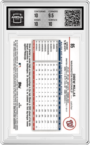 Drew Millas from the 2024 Topps Chrome set featuring a Frozen Fractors parallel graded by Arena Club and given an overall grade of 10.