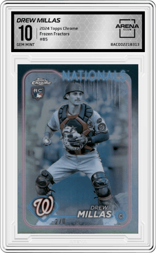 Drew Millas from the 2024 Topps Chrome set featuring a Frozen Fractors parallel graded by Arena Club and given an overall grade of 10.
