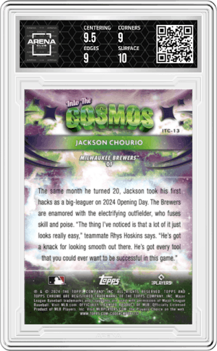 Jackson Chourio from the 2024 Topps Cosmic Chrome set graded by Arena Club and given an overall grade of 9.5.