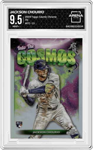 Jackson Chourio from the 2024 Topps Cosmic Chrome set graded by Arena Club and given an overall grade of 9.5.
