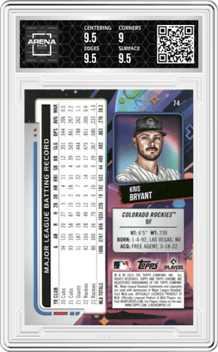 Kris Bryant from the 2024 Topps Cosmic Chrome set featuring a Nucleus Refractor parallel graded by Arena Club and given an overall grade of 9.5.