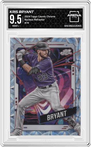 Kris Bryant from the 2024 Topps Cosmic Chrome set featuring a Nucleus Refractor parallel graded by Arena Club and given an overall grade of 9.5.
