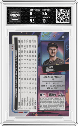 Jackson Merrill from the 2024 Topps Cosmic Chrome set graded by Arena Club and given an overall grade of 9.5.