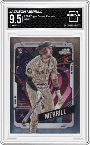 Jackson Merrill from the 2024 Topps Cosmic Chrome set graded by Arena Club and given an overall grade of 9.5.
