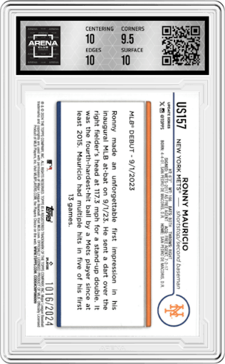 Ronny Mauricio from the 2024 Topps Update set featuring a Gold parallel graded by Arena Club and given an overall grade of 10.
