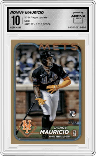 Ronny Mauricio from the 2024 Topps Update set featuring a Gold parallel graded by Arena Club and given an overall grade of 10.