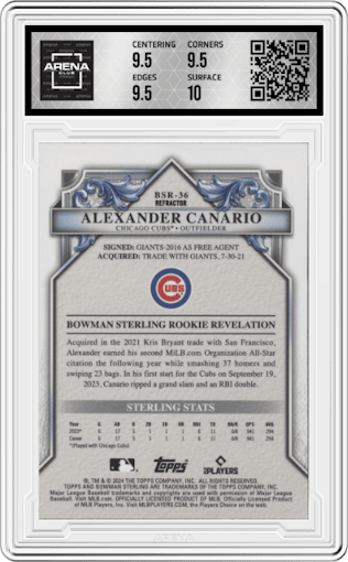 Alexander Canario from the 2024 Bowman Sterling set featuring a Refractor  parallel graded by Arena Club and given an overall grade of 10.