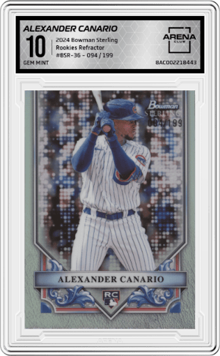 Alexander Canario from the 2024 Bowman Sterling set featuring a Refractor  parallel graded by Arena Club and given an overall grade of 10.