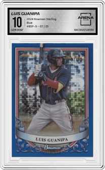 Luis Guanipa from the 2024 Bowman Sterling set featuring a Blue parallel graded by Arena Club and given an overall grade of 10.