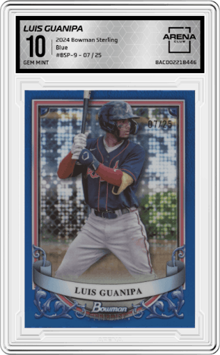 Luis Guanipa from the 2024 Bowman Sterling set featuring a Blue parallel graded by Arena Club and given an overall grade of 10.