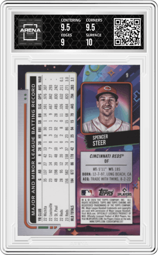 Spencer Steer from the 2024 Topps Cosmic Chrome set featuring a Nucleus Refractor parallel graded by Arena Club and given an overall grade of 9.5.